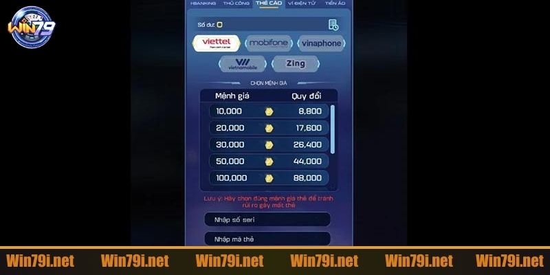 Nạp tiền WIN79 thông qua thẻ cào điện thoại